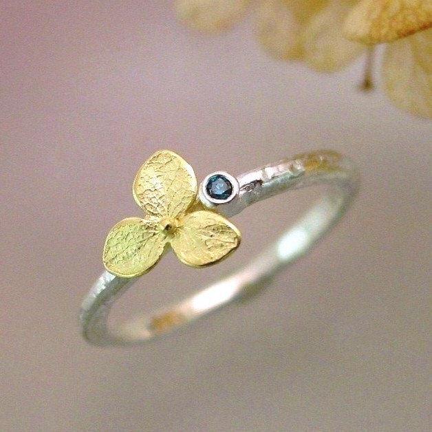 Wedding - Blue Diamond Engagement Ring, Botanical Gemstone Stacking Ring, Hydrangea Blossom Sterling Silver, 18k Gold Flower Made to Order