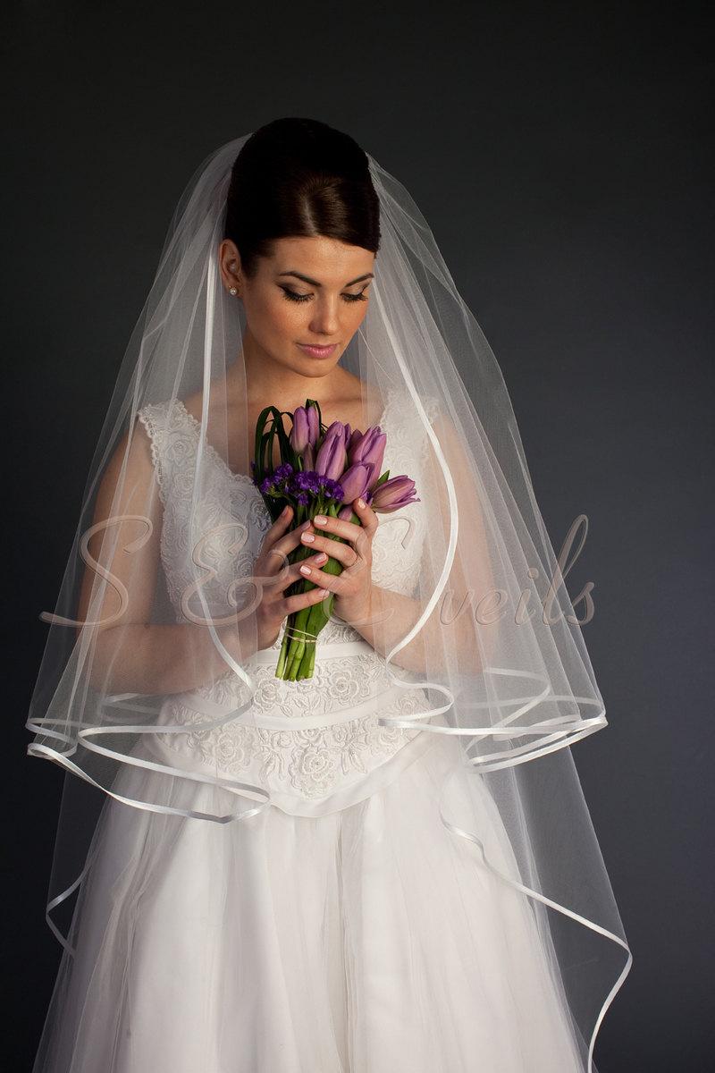 زفاف - 2-tier Cathedral Cascading veil with ribbon, bridal veil, satin ribbon, Available 90" thru 120" lengths