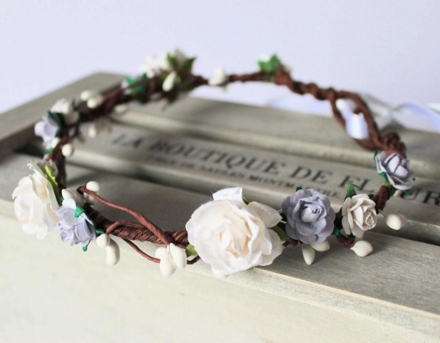 زفاف - White and Lilac Rose Floral Crown, Flower Girl Halo, Bridesmaid Garland, Boho Wedding, Lilac flower crown
