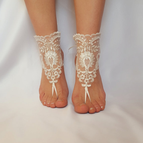 Wedding - ivory silver frame beach wedding barefoot sandals shoes anklet bellydance steampunk beach pool country wedding sexy feet free ship unique
