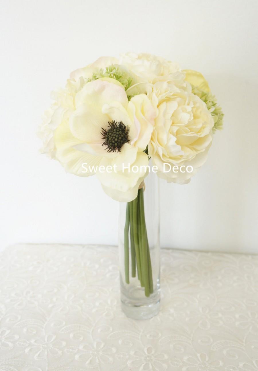 Hochzeit - JennysFlowerShop 10’’ Blooming Peony and Anemone Silk artificial Wedding Bridal Bouquet/ Home Flower, Cream