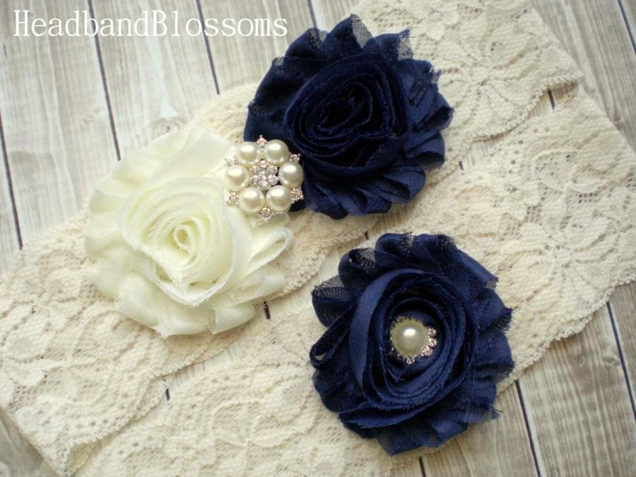 Wedding - Beautiful NAVY BLUE Bridal Garter Set - Ivory Keepsake & Toss Wedding Garters - Chiffon Frayed Flowers Rhinestone Garter - Ivory Dark Blue