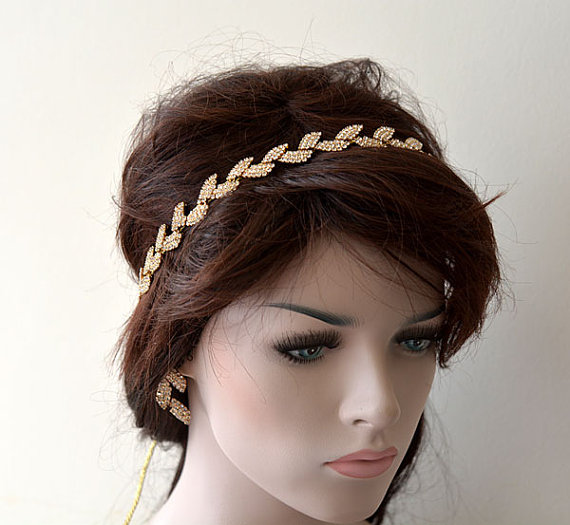 Hochzeit - Bridal Hair Accessory, Rhinestone headband, Wedding hair Accessory, Leaf Motif With Ribbons, Gold Color Rhinestone