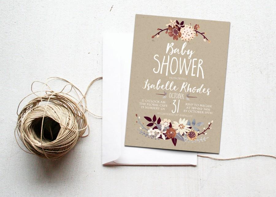 Wedding - Winter Baby Shower Invitation Printable, Autumn Floral Invite, Boho Chic, Rustic Bronze, Silver, Cream, Gender Neutral Colors, Kraft Paper