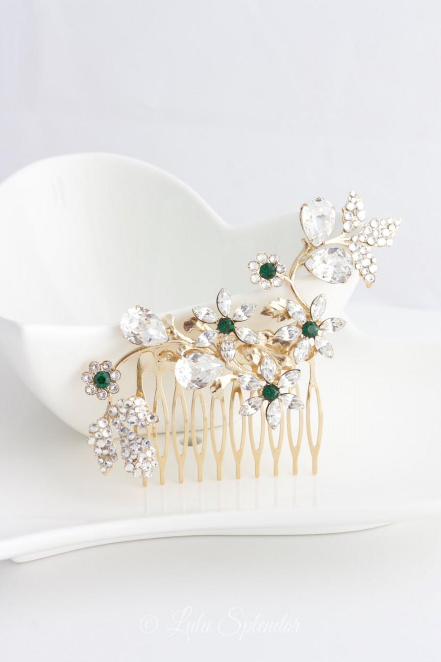 Hochzeit - Crystal Flower Hair Comb Emerald Green Swarovski Crystal  Bridal Rhinestone Hair Comb Gold Wedding Hair Accessory  AUBURY
