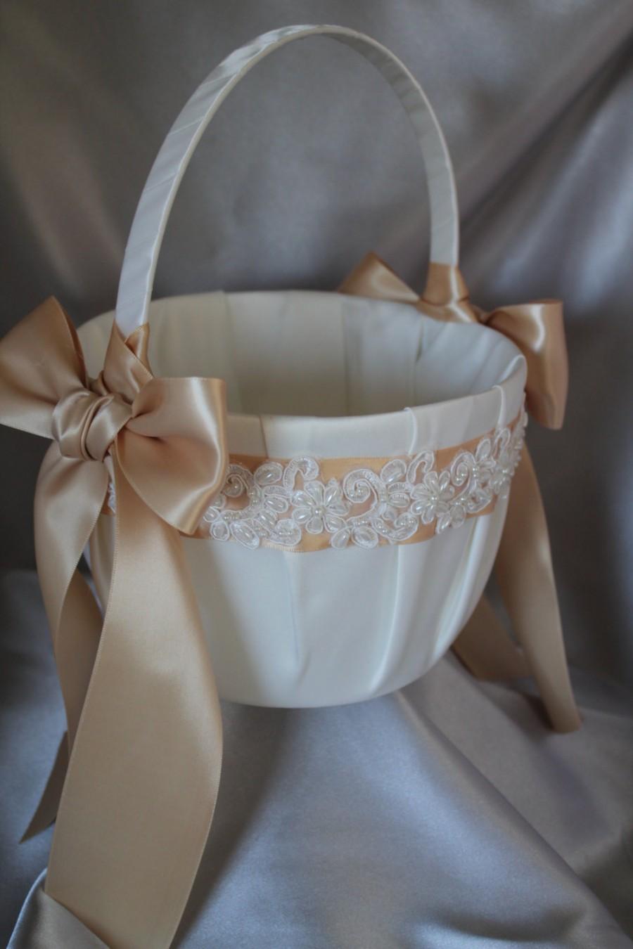 Свадьба - Large- Ivory or White Flower Girl Basket-Champagne Ribbons-Alencon Lace Pearls Sequins-Custom Ribbon Colors-Girls Age 8+ years