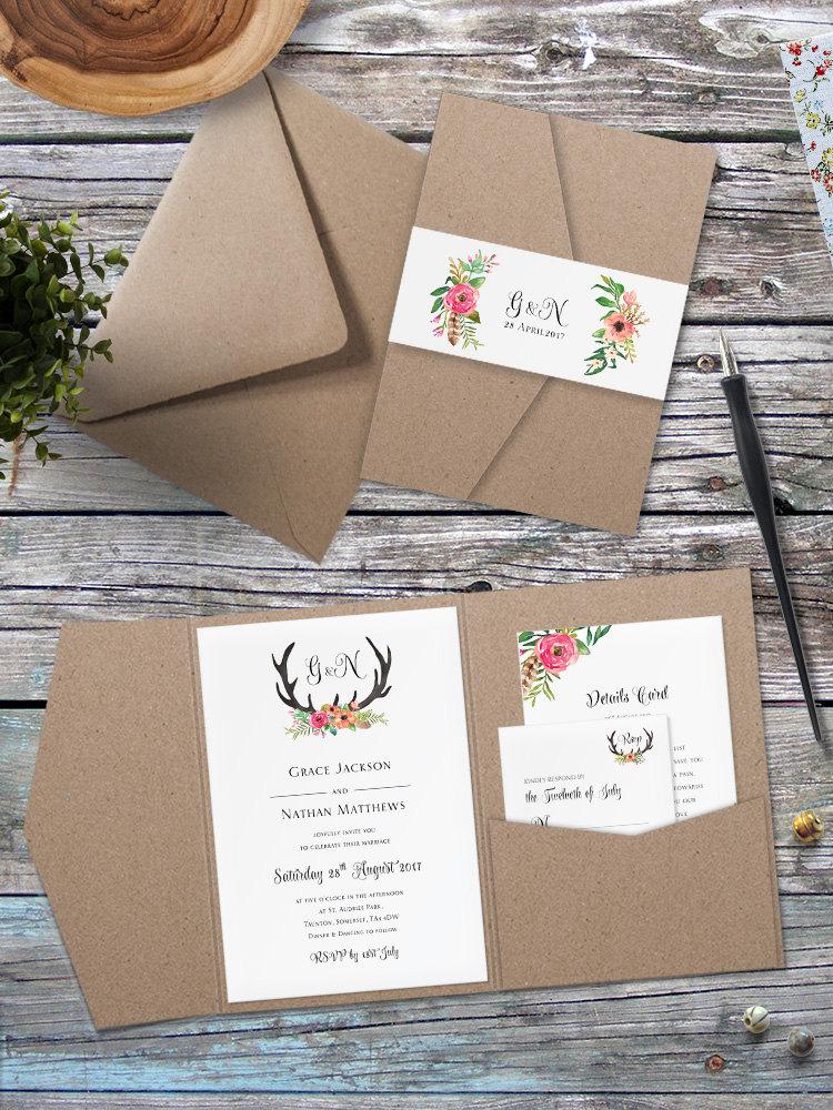 زفاف - Eco Kraft Pocket Fold Floral Antler Wedding Invitation - Pocket Fold Wedding Invites - Floral Antler Wedding Invitation by Paper Charms