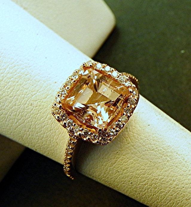 زفاف - 2.11 ct AAA Natural 8x8mm Square Emerald cut Peach Morganite set in 14K Rose gold Halo ring with .30 carats of diamonds 1207 H001