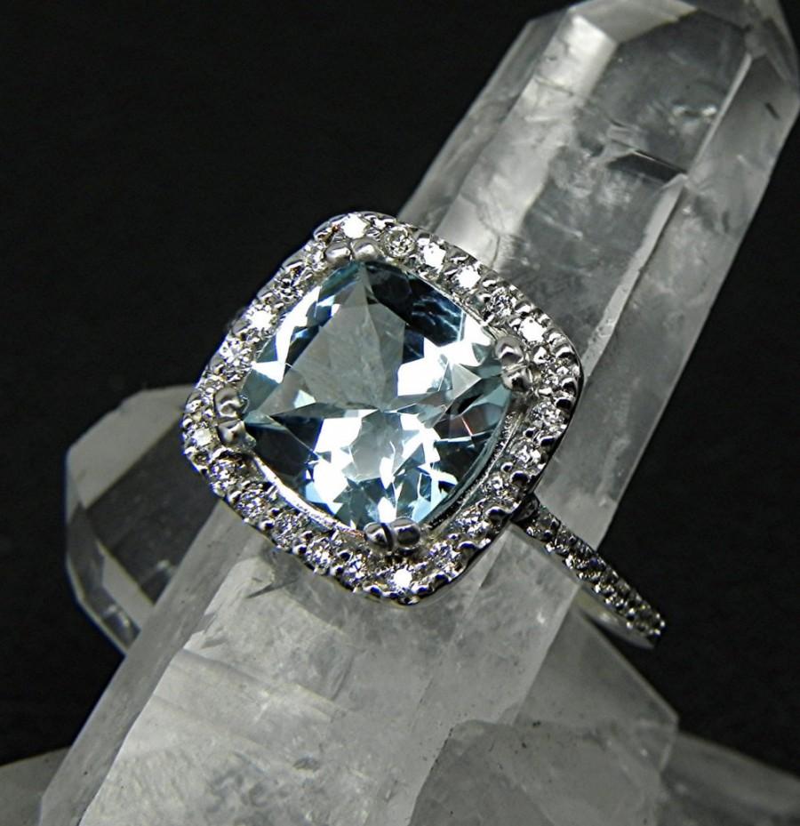 Hochzeit - Reduced Price!  Aquamarine AAA Natural Cushion cut  8x8mm 1.97 ct  14K white gold Halo Engagement Ring w/ .30 carats of diamonds HB88  1290