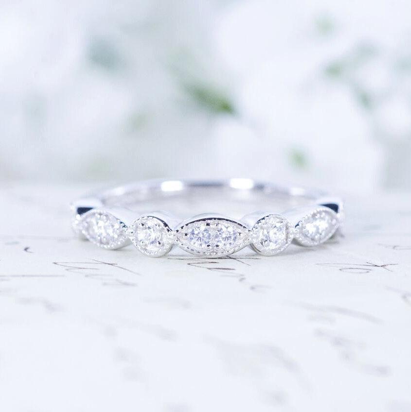 Hochzeit - Art Deco Wedding Band - Half Eternity Band - Vintage Style Band - Sterling Silver Band - Marquise & Dot Ring - Stacking Ring - Milgrain Band