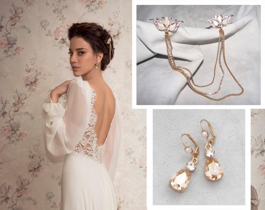 Wedding - Bridal Jewelry Set, Boho headpiece, Swarovski crystal earrings, Gold Jewelry Set, Bridal comb with chains, Wedding Jewelry SET, Bridal SET