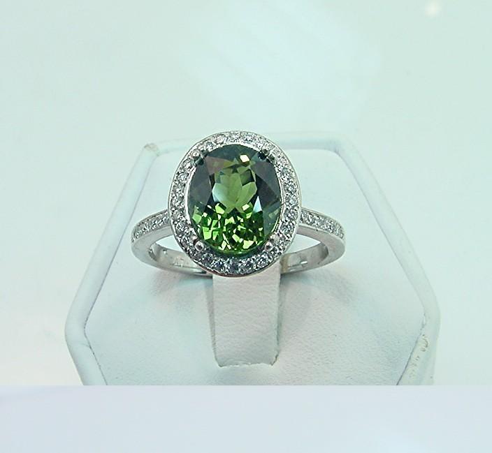 زفاف - 3.15 Carat 10 x 8.12mm Natural Green Tourmaline set in Platinum ring with diamonds (.33ct) Ring 0415