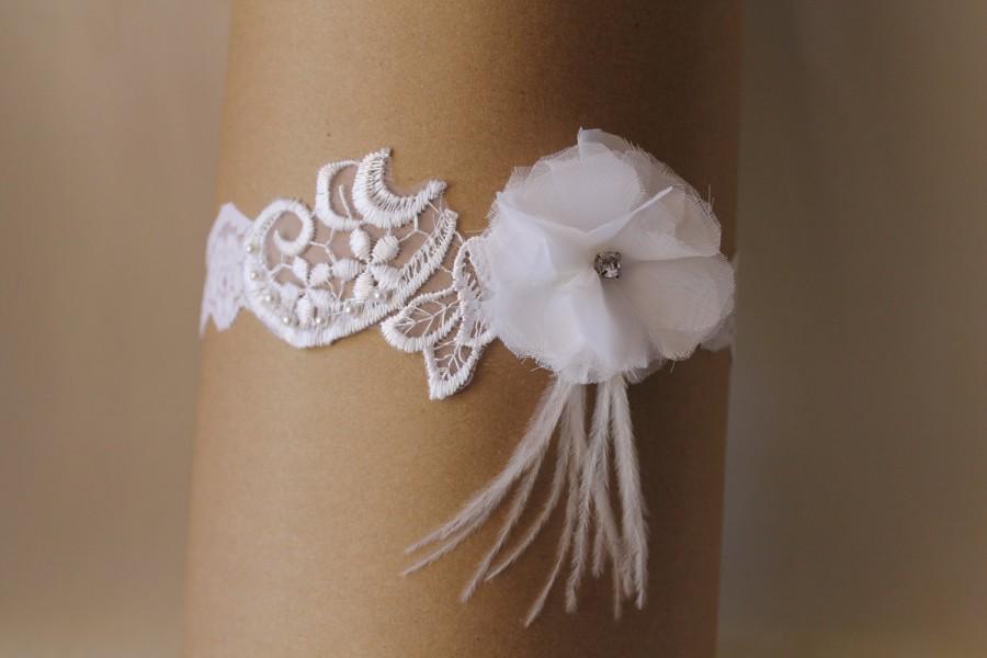 Свадьба - Wedding Garter White Embroidered Lace with Rhinestone Crystal and  Ostrich Feathers