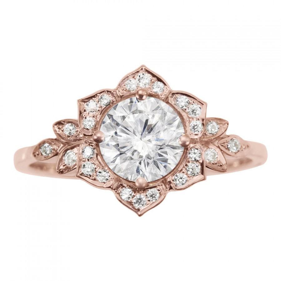 Hochzeit - Delicate Lily Ring, Art Deco Flower Ring, Rose Gold Engagement Ring, Vintage Rings, 0.45 CT Diamond Ring, Unique Leaf Ring