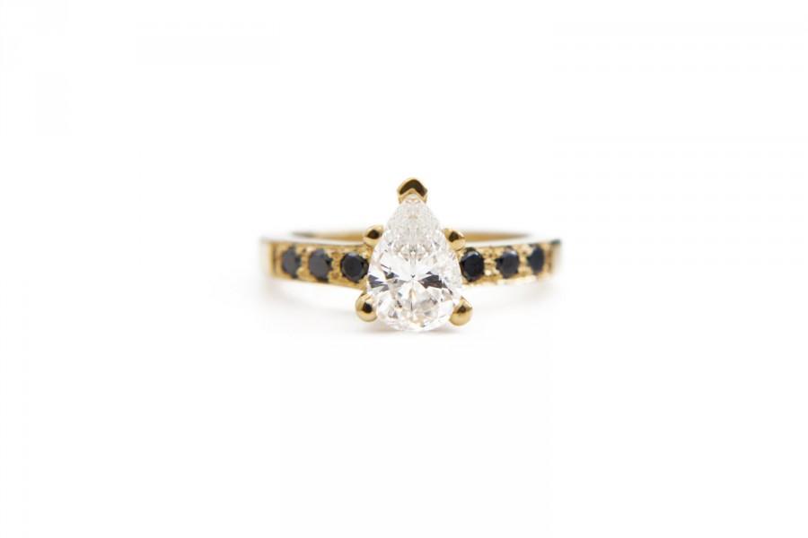 Wedding - Yellow gold diamond engagement ring, vintage inspired 1 carat pear diamond, 18k and black diamond pave accent stones