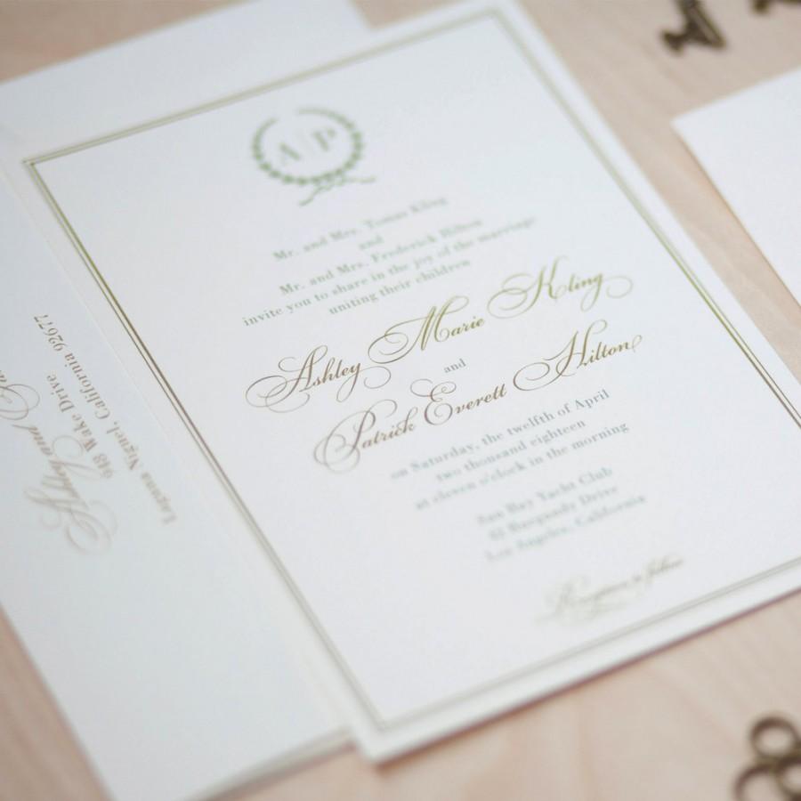 Hochzeit - Monogram Wedding Invitation, sage and gold invitation, olive branch monogram, traditional invitation, elegant invitation SAMPLE