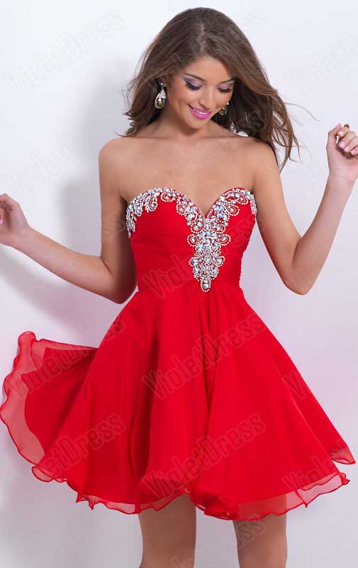 زفاف - A-Line Red Chiffon Strapless Beaded Mini/Short Prom Dress