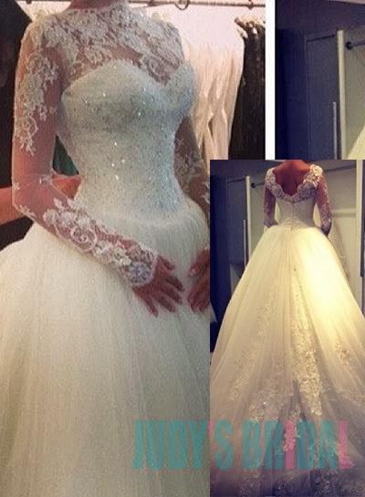 زفاف - Elegent illusion lace high neck long sleeves tulle ball wedding dress