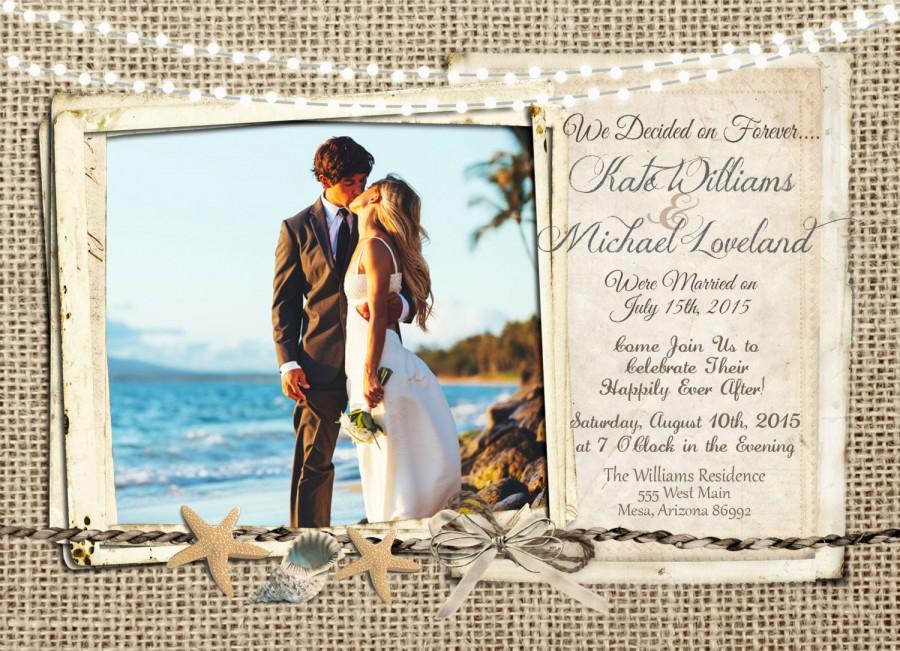 Свадьба - Rustic, Beach Wedding Announcement or Invitation, Celebration, Burlap, Photo Invite, Lights, Printable, Digital File, Personalized, 5x7,
