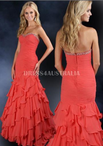 زفاف - Buy Australia Mermaid sparkle Strapless Light Red Chiffon Layers Skirt Long Evening Dress/ Prom Dresses at AU$161.57 - Dress4Australia.com.au