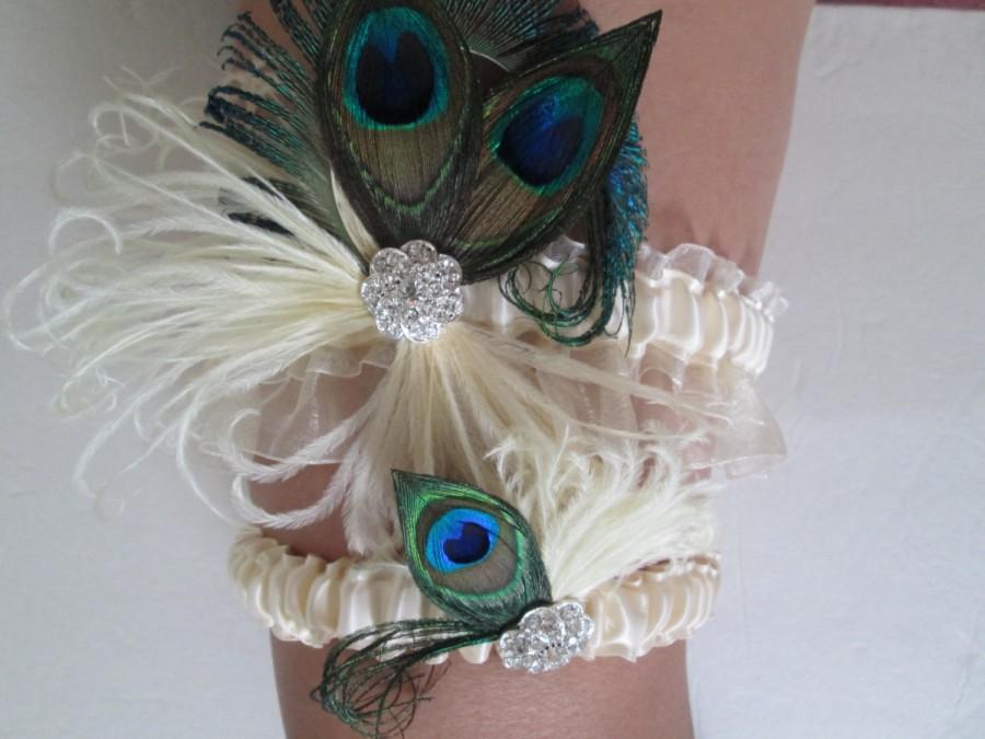 Hochzeit - Peacock Wedding Garter Set, Ivory Sheer Organza Garters, Vintage Style, Art Deco, Great Gatsby, Flapper Bridal Garter with Feathers