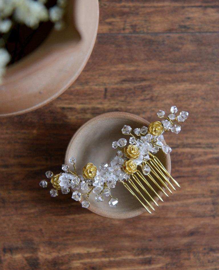 Mariage - MISS Kate - crystal bridal headpiece, golden wedding hair comb