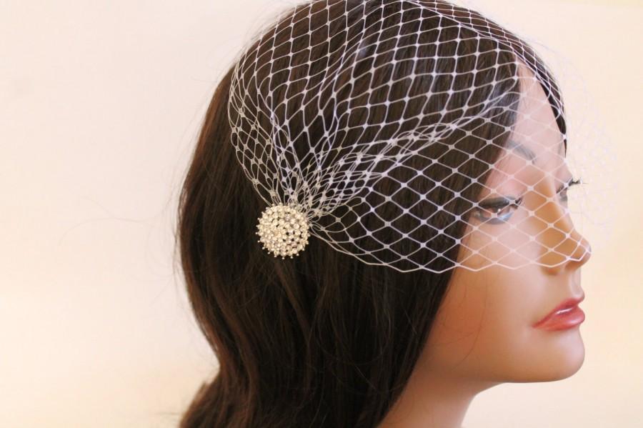 Hochzeit - Bridal Bandeau Veil , Bird Cage Veil, French Russian Netting,  Blusher Veil, Wedding Accessories with Rhinestone Pendants