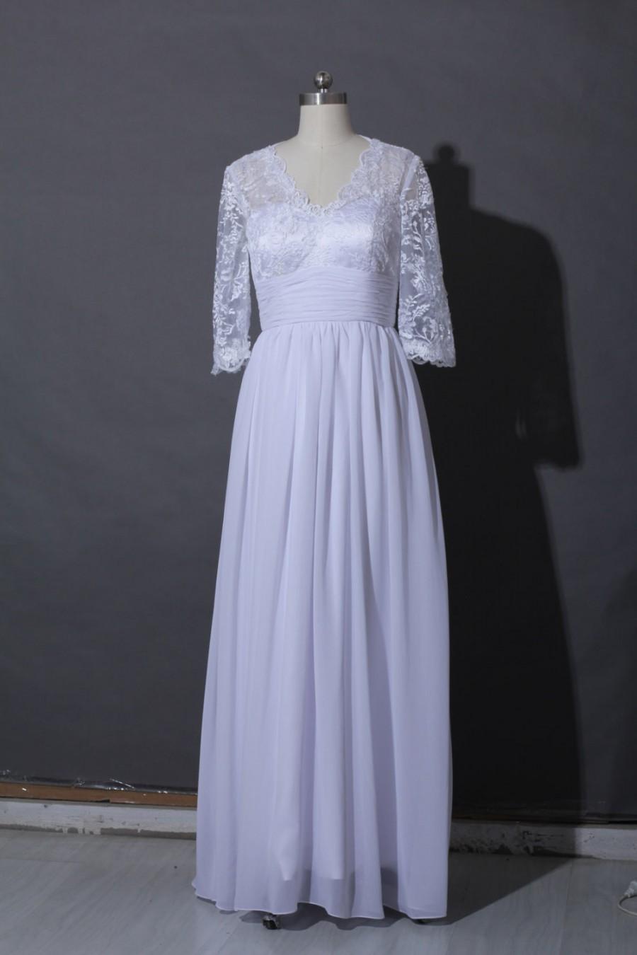Wedding - Lace Wedding Dress, Long Sleeves Lace  Floor Length  Wedding Dress, V-neck Lace Bridesmaid Dress