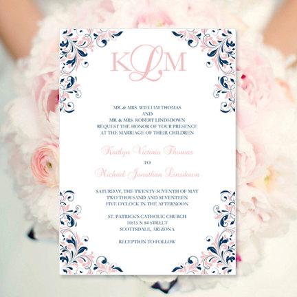 زفاف - Blush Pink & Navy Wedding Invitation "Kaitlyn" Printable Template Make Your Own Invitations All Colors Av Instant D. Word.doc DIY U Print