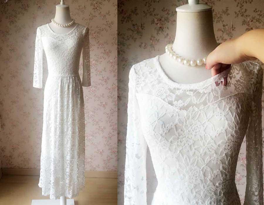زفاف - Fashion White Black Lace Dress Plus Size Long Lace Dresses with Sleeve /Autumn Woodland Wedding /Bohemian Sweetheart Simple Wedding Dress