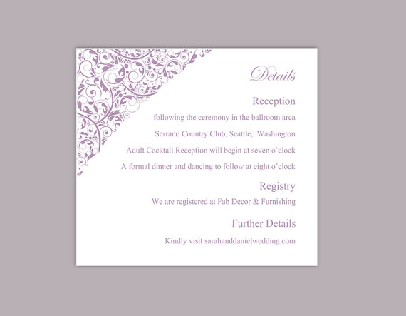 Mariage - DIY Wedding Details Card Template Editable Word File Instant Download Printable Details Card Lavender Details Card Elegant Information Cards