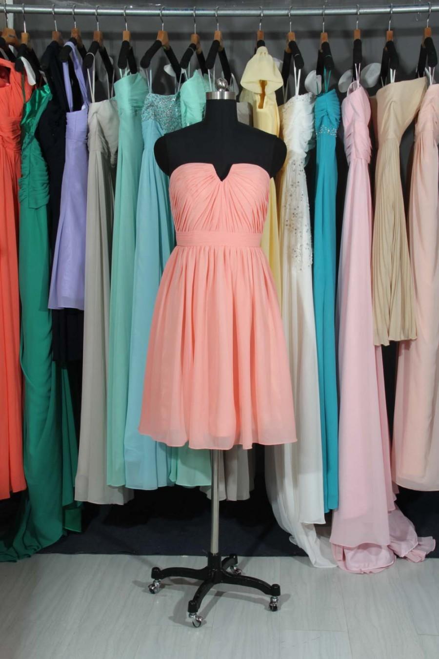 Hochzeit - Coral Strapless Bridesmaid Dress, Custom Made Chiffon Knee Length Bridesmaid Dress, Popular Bridesmaid Dress