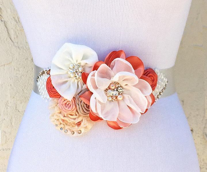Hochzeit - Peach Ivory Coral Champagne Sash for a Bride, in Wedding, Bridesmaid, Special Event - Satin Chiffon Flowers with Swarovski Embellishments