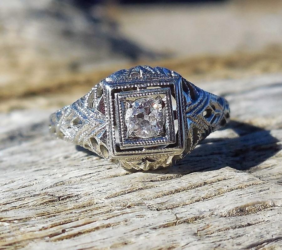Hochzeit - Antique Vintage .18ct Old European Cut Diamond Unique Engagement Ring Art Deco 1920 14k White Gold