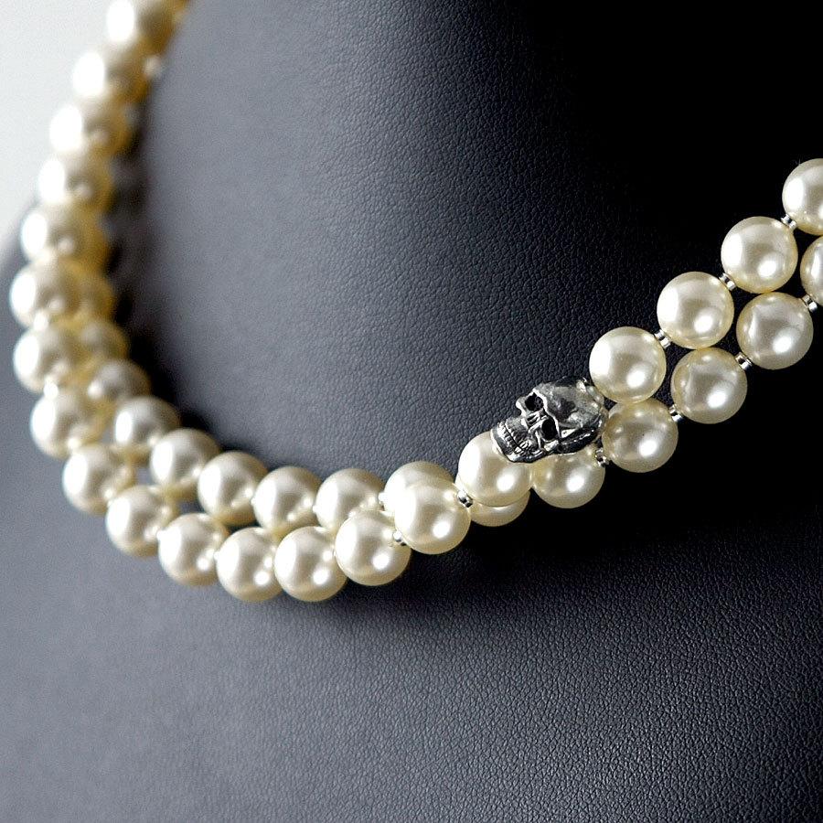 Hochzeit - Set of four Swarovski pearl necklaces double strand with skull: princess length ivory white pink black wedding jewelry rockabilly bridesmaid