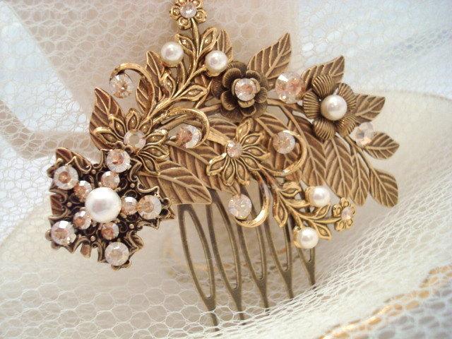 Wedding - Bridal hair comb, vintage style hair comb, wedding headpiece, antique brass hair accessory, leaf hair comb