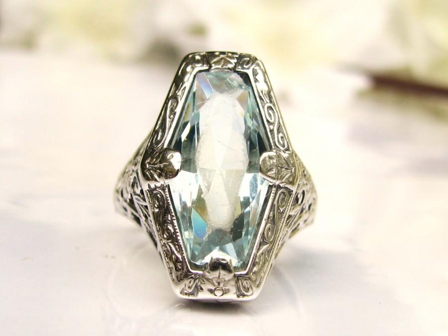 Mariage - Antique Engagement Ring Fancy Cut Blue Aqua Glass Ring 10K White Gold Filigree Edwardian Engagement Ring Antique Wedding Ring!