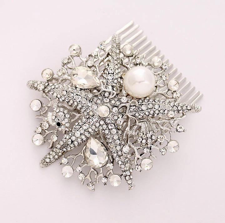Свадьба - Crystal Pearl Starfish Hair Comb Beach Wedding Bridal Hairpiece Silver Rhinestone Star Fish Hair Combs Headpiece Nautical Jewelry Accessory