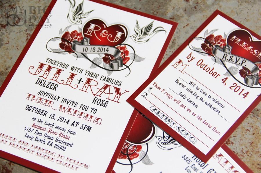 Wedding - Rockabilly Wedding Invitation Set with sparrow lovebirds and roses. Steampunk heart wedding invitations.