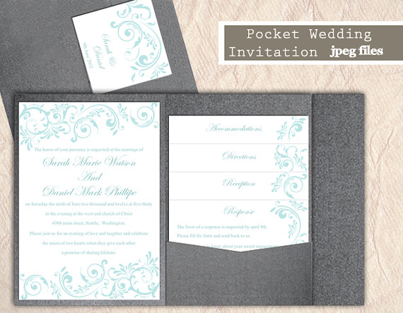 Свадьба - Printable Pocket Wedding Invitation Suite Printable Invitation Elegant Invitation Blue Aqua Invitation Download Invitation Edited jpeg file