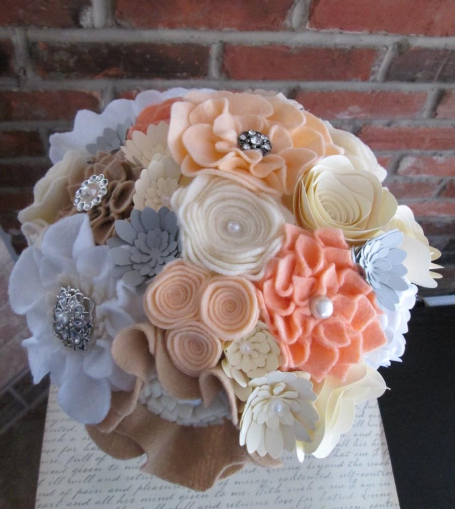 Hochzeit - Peaches and Cream Felt and Paper Wedding Bouquet - Bridesmaid - Centerpiece - Brooch Bouquet