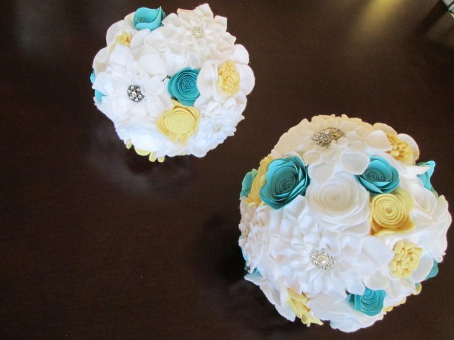 Wedding - Aqua, Yellow, and White Felt and Paper Bouquet Set - Antique Style Brooch Buttons - Bridal and Bridesmaid Bouquets - Wedding Bouquet