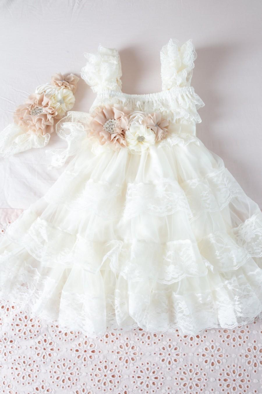 Wedding - Ivory Chiffon Flower Girl Dress, Ivory Lace Baby Doll Dress, Rustic Flower Girl Dresses, Vintage Girls Dress, Shabby Chic Baby Dress, Chic