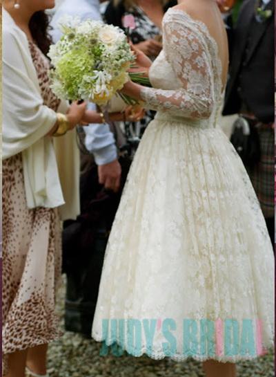 Hochzeit - JOL314 Chic illusion lace low back vintage tea length wedding dress