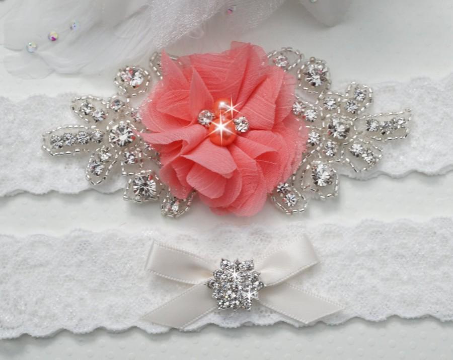 زفاف - SALE-Wedding Garter Belt, Bridal Garter Set, Rustic Bridal Garter, Coral Garter, Coral Wedding Garter