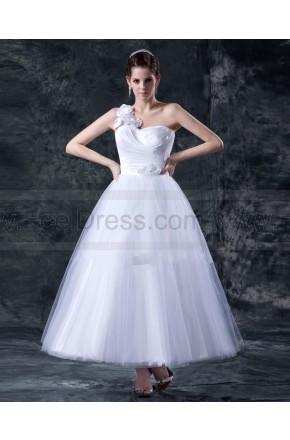 Wedding - Ankle Length One Shoulder Flower Trimmed White 2013 Wedding Dress