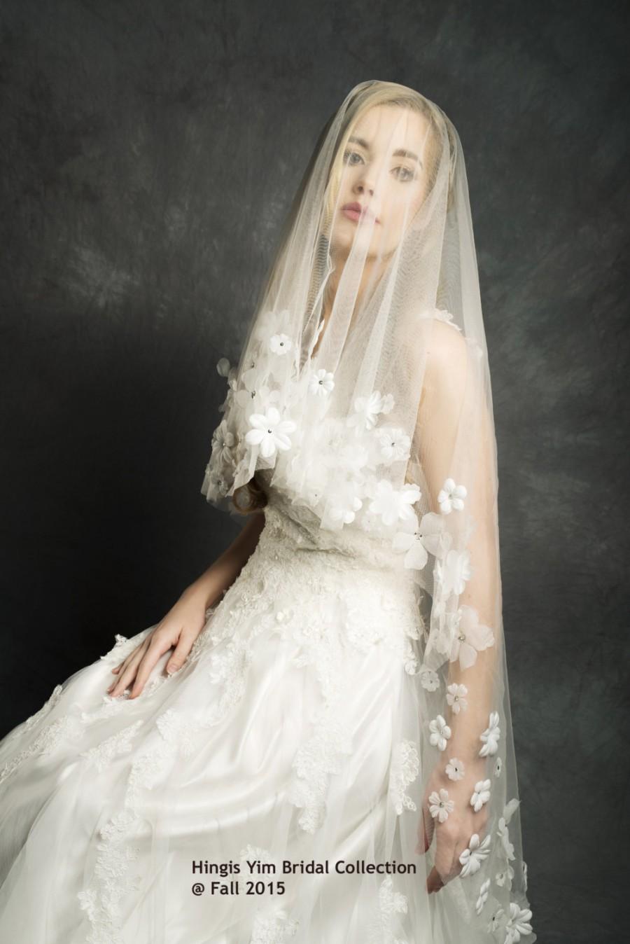 زفاف - Light Ivory Floral beads 1Tier single layer Chapel veil /  Bridal Wedding Tulle veil in 190cm is for sale