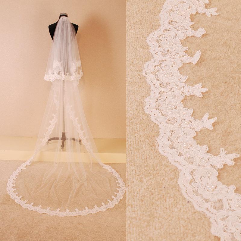 زفاف - Two Tier Sequins Pearl Wedding Veil Ivory Bridal Veil Soft illusion Tulle Wedding Veil Lace Veil French Alencon Lace Two Layer