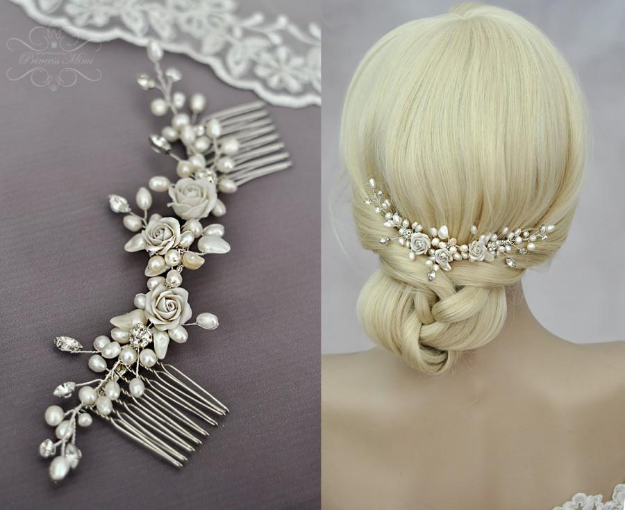 زفاف - Bridal Vintage Headpiece Freshwater Pearls Haircomb Comb with Pearls & Rhinestones in Ivory, Silver Wired Crystals  Wedding Headpiece
