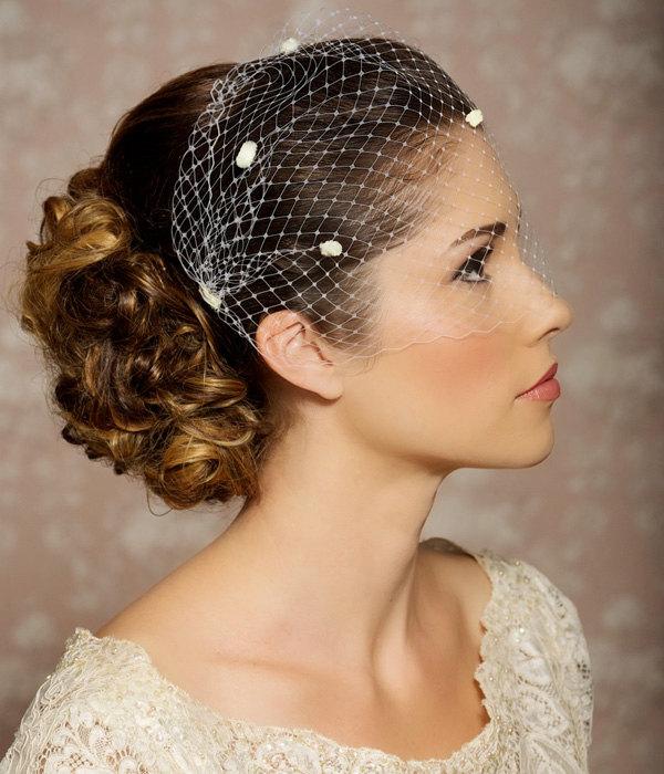 Wedding - Ivory Dotted Veil, Birdcage Veil, Chenille Polka Dots, Bandeau Birdcage Veil, Bridal Veil - 9", Dotted veil available in white, black, ivory
